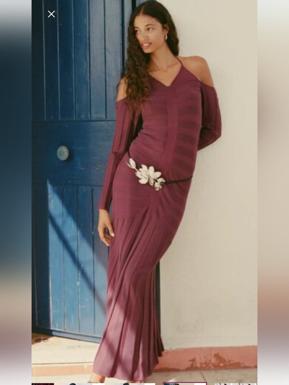 Anthropologie Cold Shoulder Knit Maxi Dress Wine Sweater Dress Pleated Halter - Picture 2 of 16